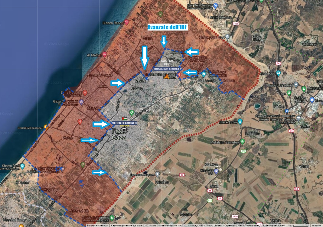 Mappa di Gaza, i fronti attivi in cui Israele avanza nell'area urbana. Mappa di libero uso modificata dall'autore 
